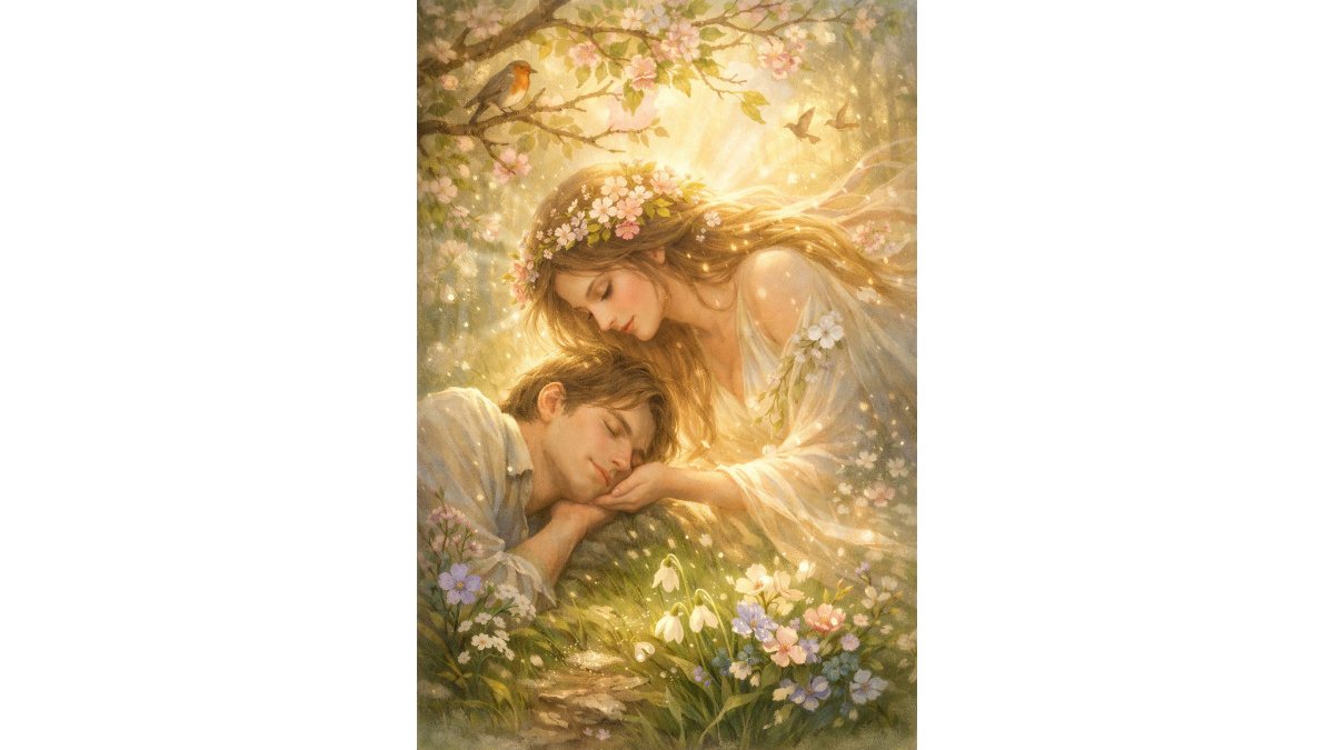 Czirják Tiborné Móra Gyöngyi: Rám hajolt a tavasz című vers illusztrációja a Múzsák Könyvtárában