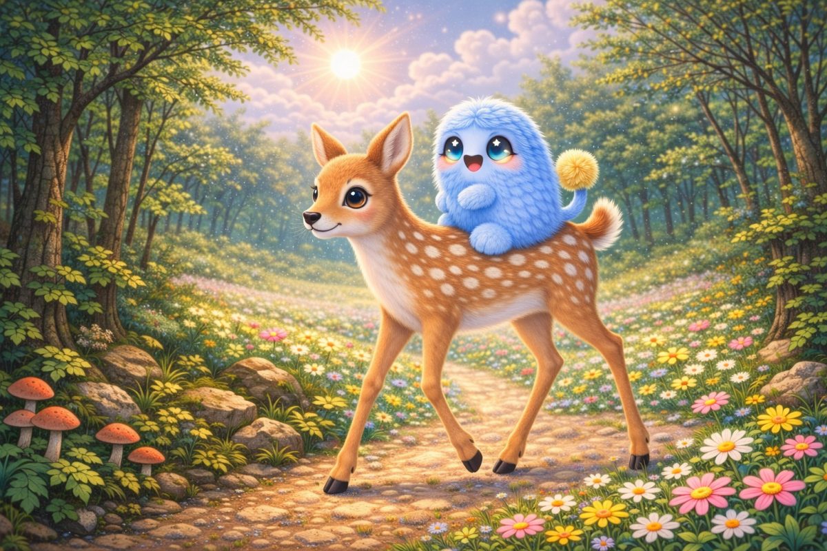 Aurora Amelia Joplin: Pamcsi család – Nimi Tiki őzike hátán című mese illusztrációja a Múzsák Könyvtárában