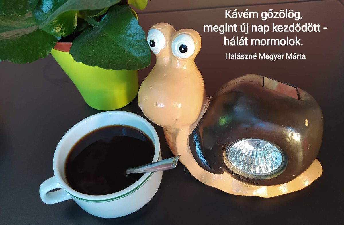 Halászné Magyar Márta: Kávés című vers illusztrációja a Múzsák Könyvtárában