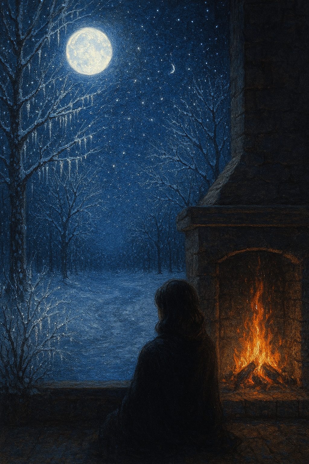 Végh Éva Ive: Fagyos estén című vers illusztrációja a Múzsák Könyvtárában