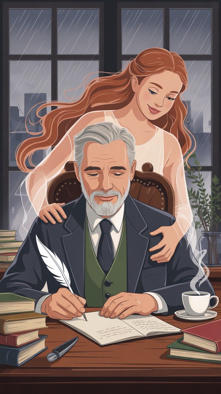 Vizkeleti Erzsébet: Láthatatlan társszerző című novella illusztrációja a Múzsák Könyvtárában.