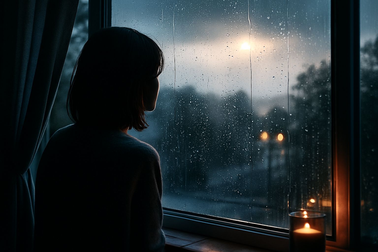 Magányos alak néz ki az esőáztatta ablakon, miközben a sötét ég és az esőcseppek érzelmes, befelé figyelő hangulatot teremtenek – Múzsák Könyvtára érzelmes történetek.