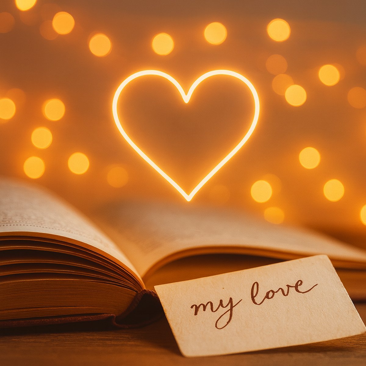 Romantikus hangulatú szerelmes novella banner: nyitott könyv, meleg fényben ragyogó szív, érzelmes és léleksimogató történetekhez.