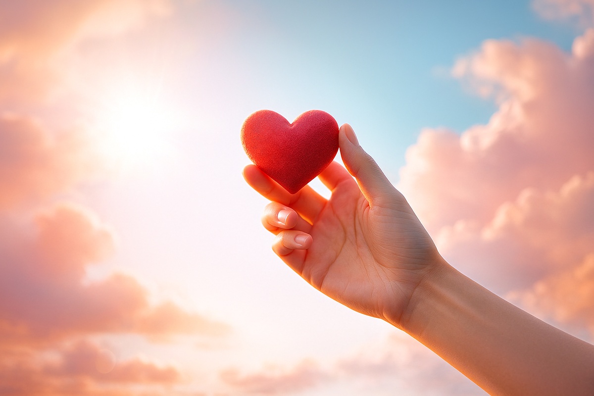 Lélekvers illusztráció – szív a kézben, napfény, felhők, érzelmes, gyógyító hangulat a Múzsák Könyvtárában.